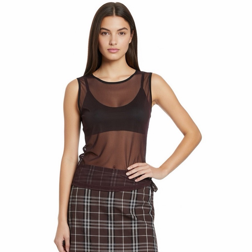Vintage Burberry Sheer Mesh Sleeveless Tank Top, Large,Burgundy, Made In Italy